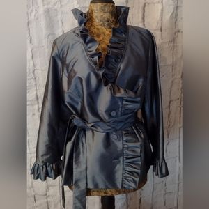 Calvin Klein Gunmetal Grey Blue Ruffle Long Sleeve Blouse/Jacket
